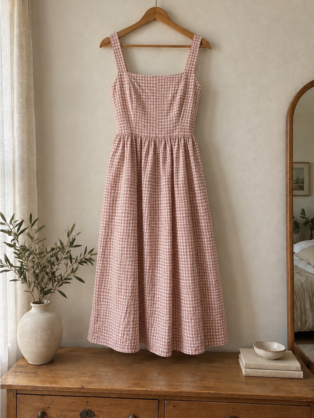 Gingham Midi Dress in Dusty Pink - Sleeveless Square Neck